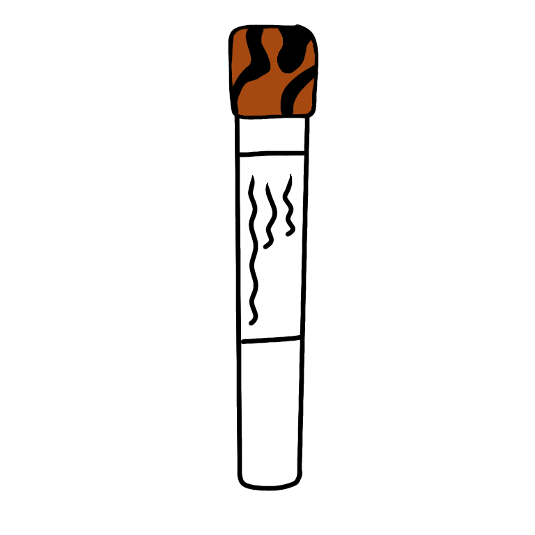 A marbled black and orange topped blood collection tube. The tube is cylindrical with a black and orange marbled plastic cap and a transparent body